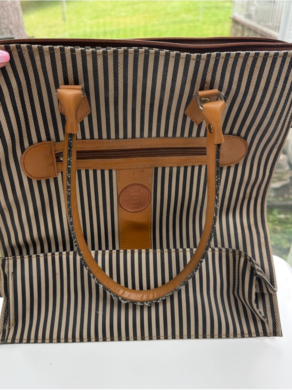 Fendi Penguin Striped Tote Bag with Tan Trim